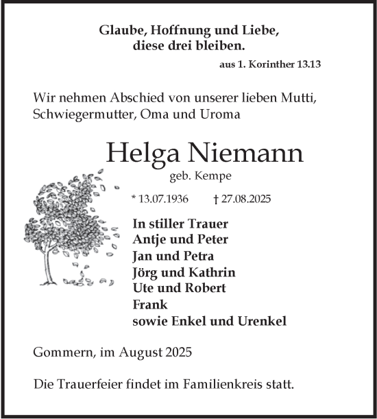 Traueranzeige von Helga Niemann von Volksstimme Burg/Genthin