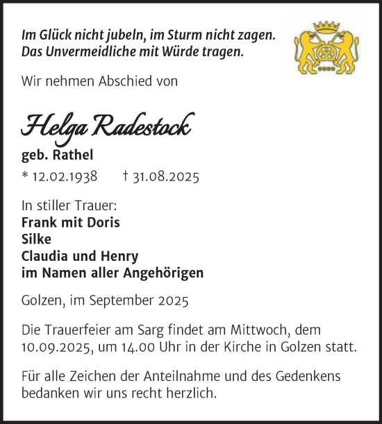 Traueranzeige von Helga Radestock von Naumburger Tageblatt