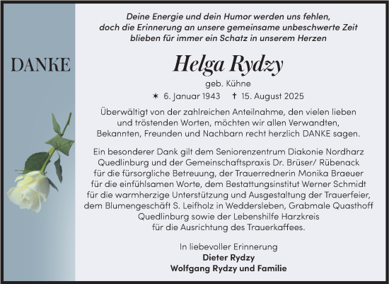 Traueranzeige von Helga Rydzy von Trauerkombi Quedlinburg