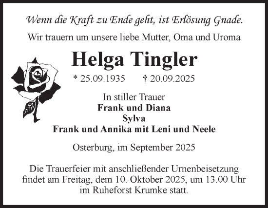 Traueranzeige von Helga Tingler von Volksstimme Altmark Ost