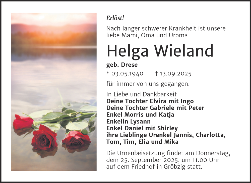  Traueranzeige für Helga Wieland vom 20.09.2025 aus Trauerkombi Köthen