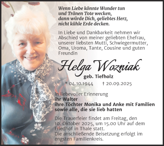 Traueranzeige von Helga Wozniak von Trauerkombi Quedlinburg