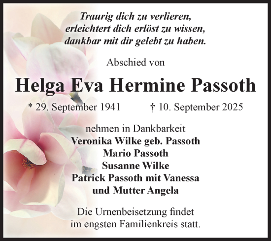 Traueranzeige von Helga Eva Hermine Passoth von Volksstimme Burg/Genthin