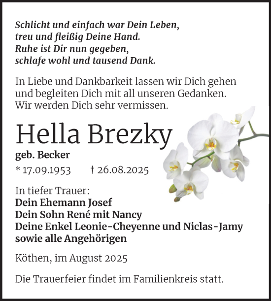 Traueranzeige von Hella Brezky von Trauerkombi Köthen