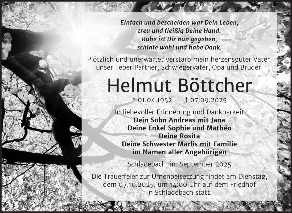  Traueranzeige für Helmut Böttcher vom 20.09.2025 aus Trauerkombi Merseburg