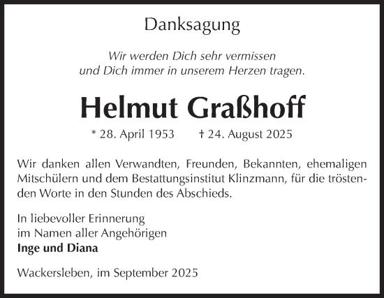 Traueranzeige von Helmut Graßhoff von Volksstimme Oschersleben/Wanzleben