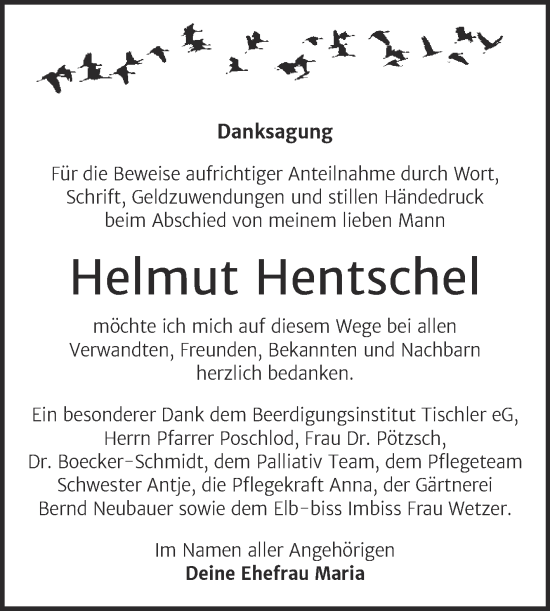Traueranzeige von Helmut Hentschel von Trauerkombi Wittenberg