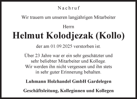 Traueranzeige von Helmut Kolodjezak von Volksstimme Altmark West