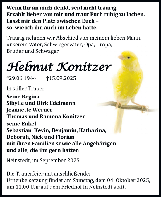 Traueranzeige von Helmut Konitzer von Trauerkombi Quedlinburg