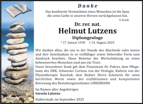 Traueranzeige von Helmut Lutzens von Volksstimme Halberstadt