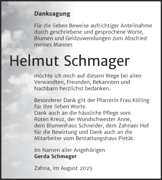 Traueranzeige von Helmut Schmager von Trauerkombi Wittenberg