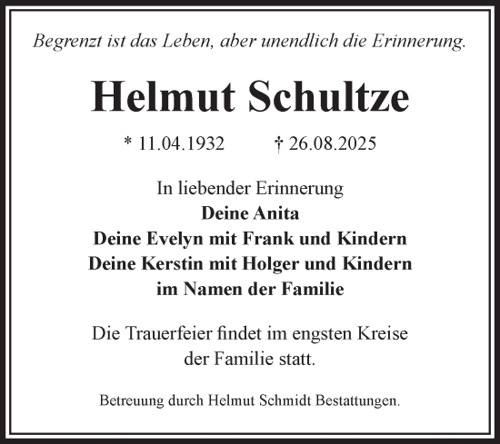 Traueranzeige von Helmut Schultze von Volksstimme Oschersleben/Wanzleben