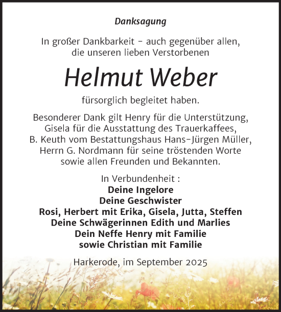Traueranzeige von Helmut Weber von Trauerkombi Mansfelder Land