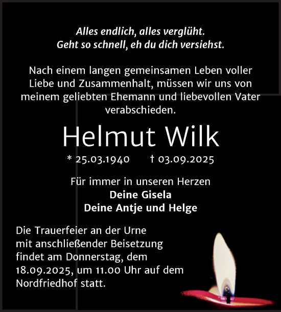 Traueranzeige von Helmut Wilk von Mitteldeutsche Zeitung Halle/Saalkreis