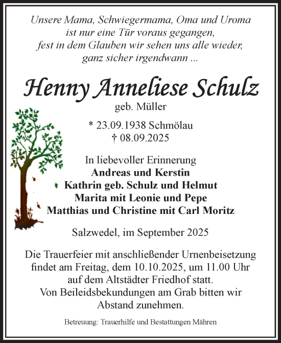 Traueranzeige von Henny Anneliese Schulz von Volksstimme Altmark West
