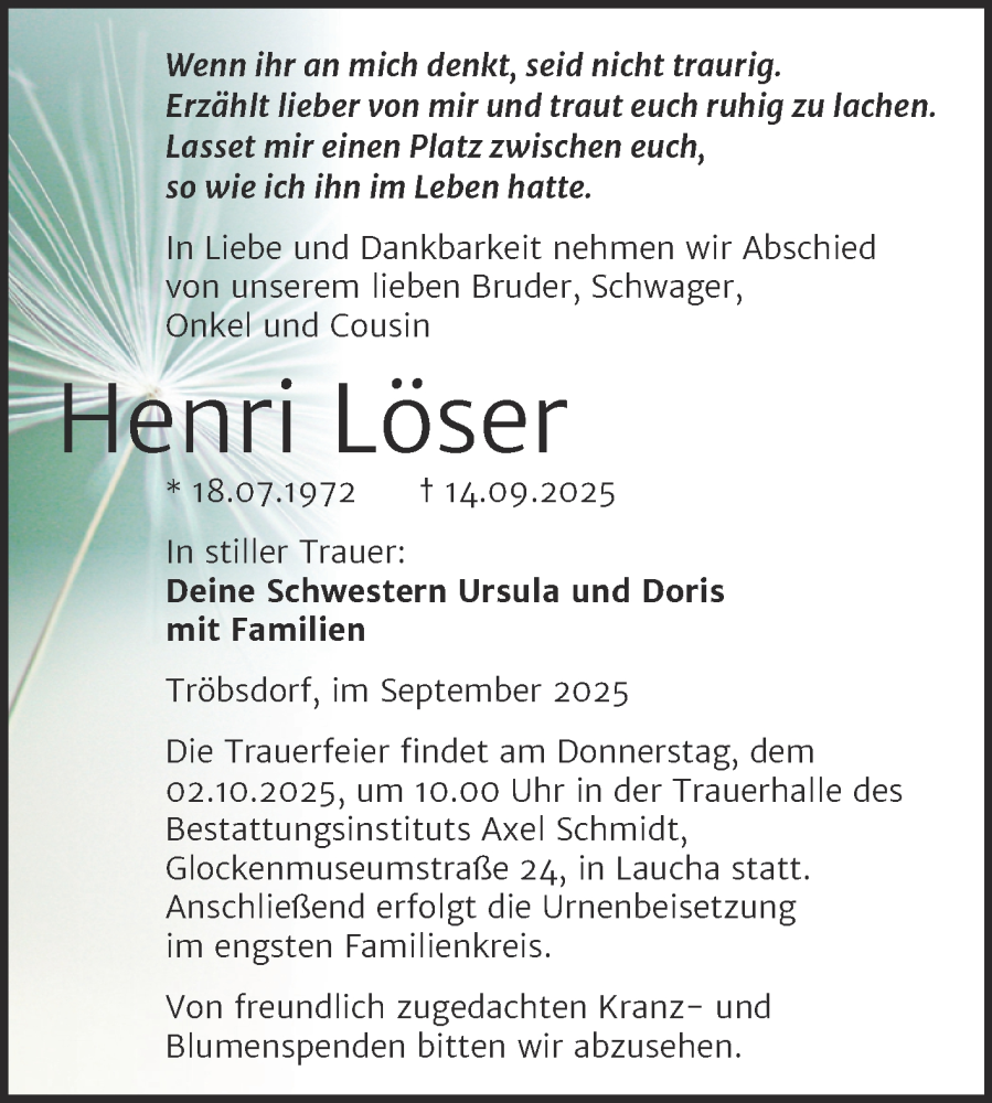  Traueranzeige für Henri Löser vom 27.09.2025 aus Super Sonntag Naumburg/Nebra