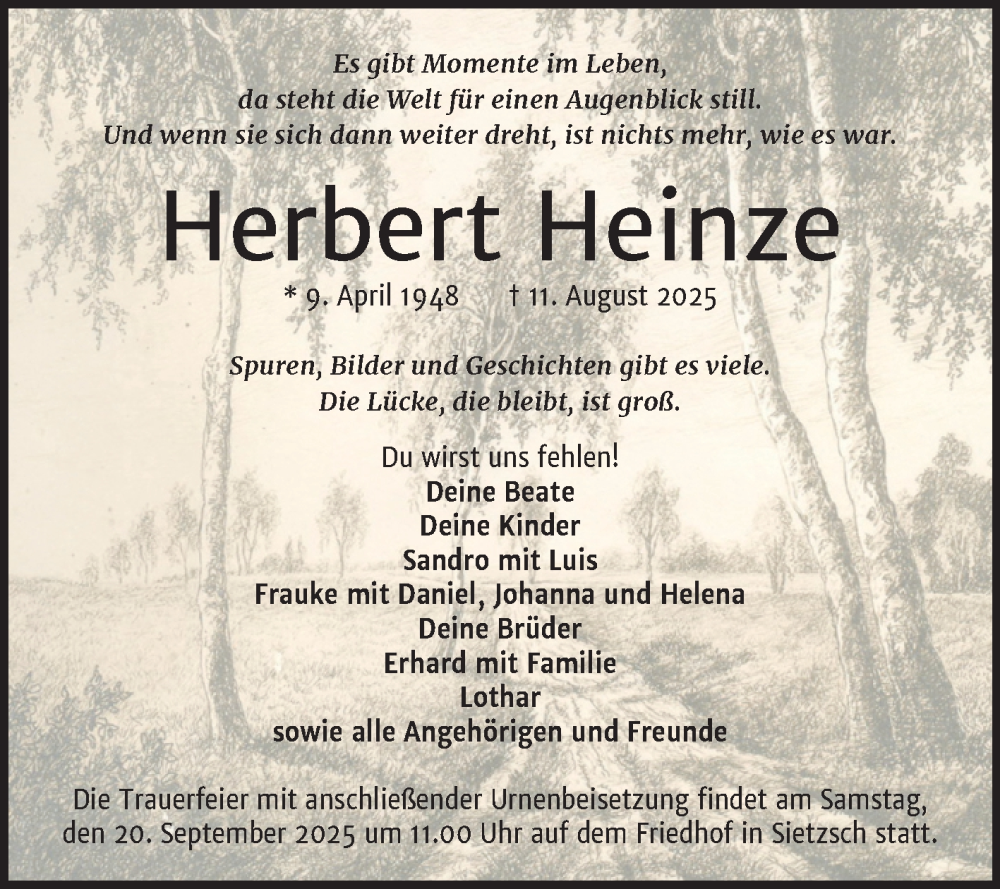  Traueranzeige für Herbert Heinze vom 06.09.2025 aus Mitteldeutsche Zeitung Halle/Saalkreis