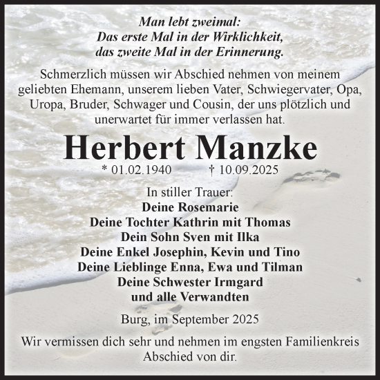 Traueranzeige von Herbert Manzke von Volksstimme Burg/Genthin
