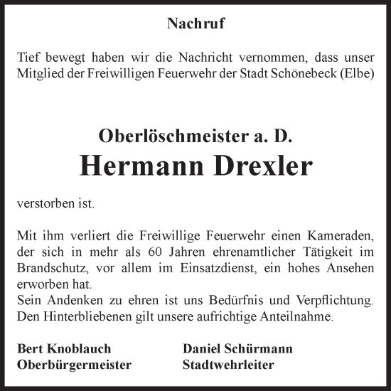 Traueranzeige von Hermann Drexler von Volksstimme Schönebeck