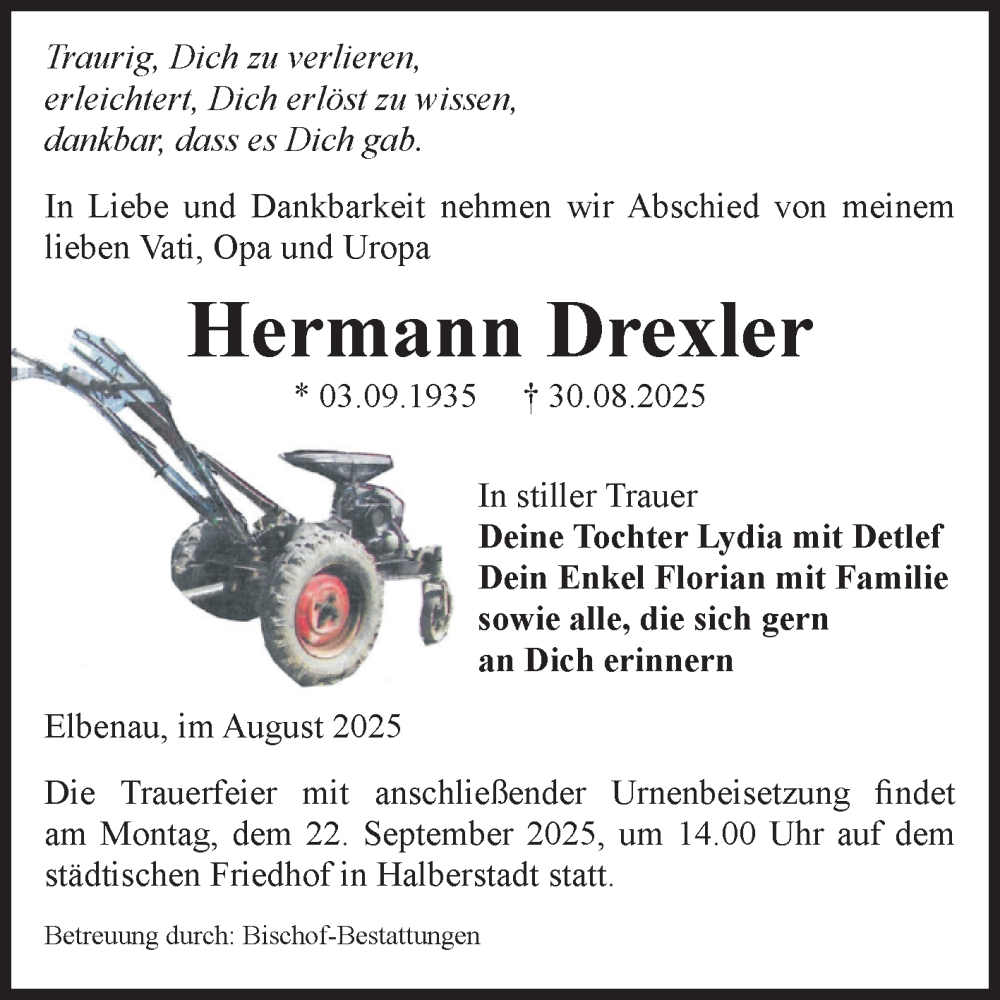  Traueranzeige für Hermann Drexler vom 13.09.2025 aus Volksstimme Schönebeck