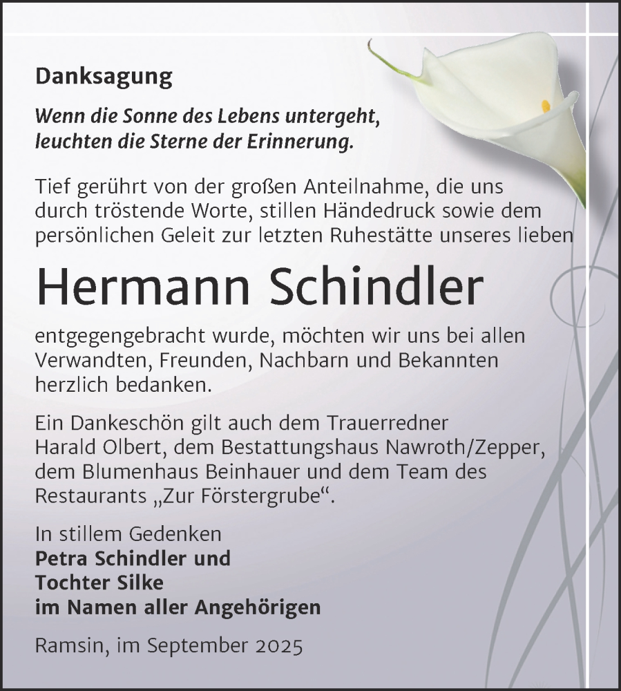  Traueranzeige für Hermann Schindler vom 27.09.2025 aus Trauerkombi Bitterfeld