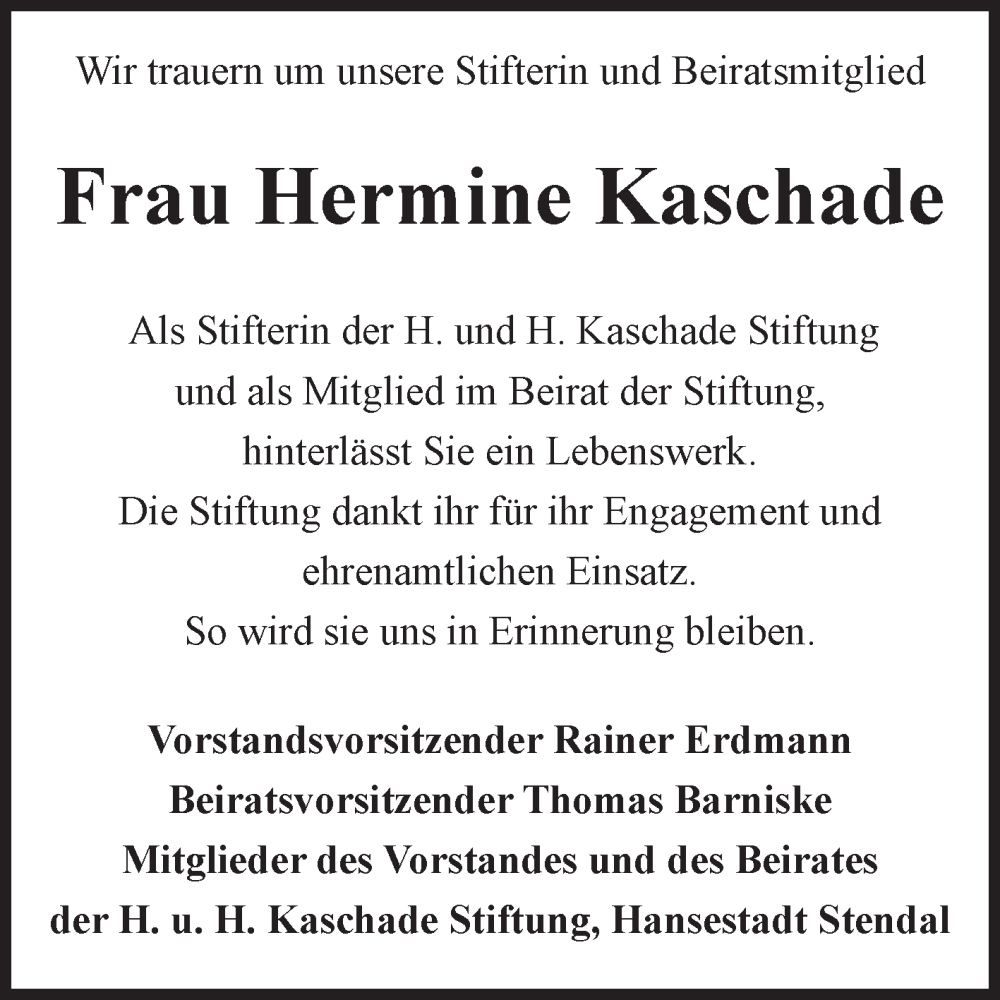  Traueranzeige für Hermine Kaschade vom 20.09.2025 aus Volksstimme Altmark Ost