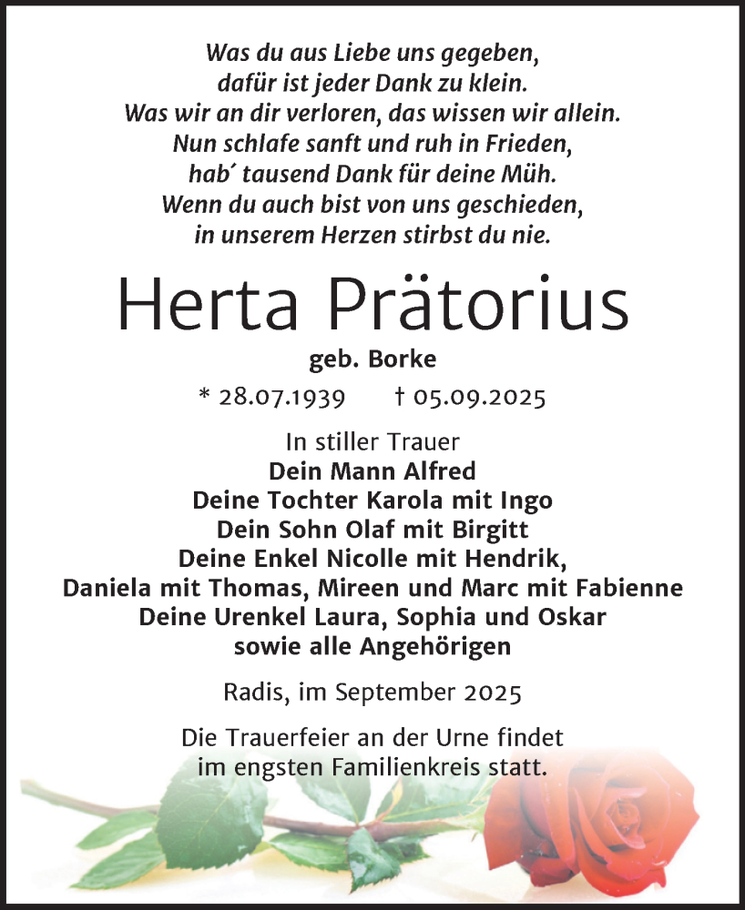  Traueranzeige für Herta Prätorius vom 13.09.2025 aus Trauerkombi Wittenberg