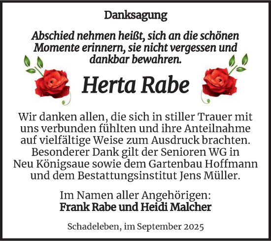 Traueranzeige von Herta Rabe von Trauerkombi Aschersleben
