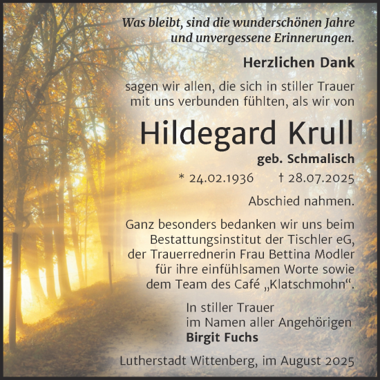 Traueranzeige von Hildegard Krull von Trauerkombi Wittenberg