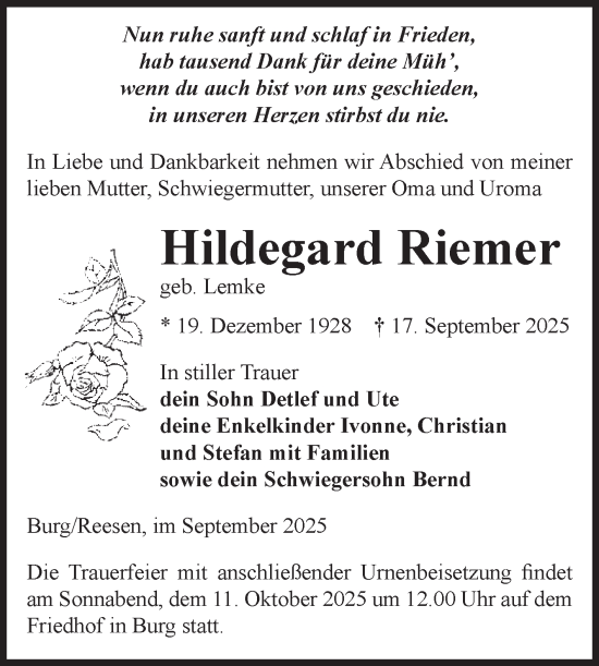 Traueranzeige von Hildegard Riemer von Volksstimme Burg/Genthin