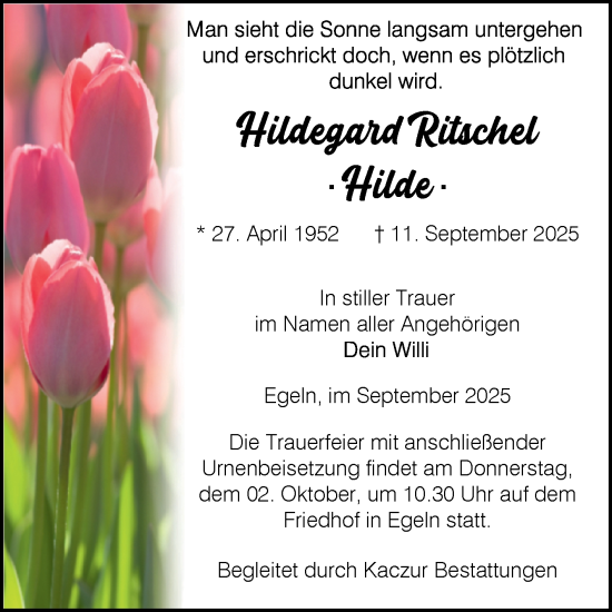 Traueranzeige von Hildegard Ritschel von Volksstimme Staßfurt