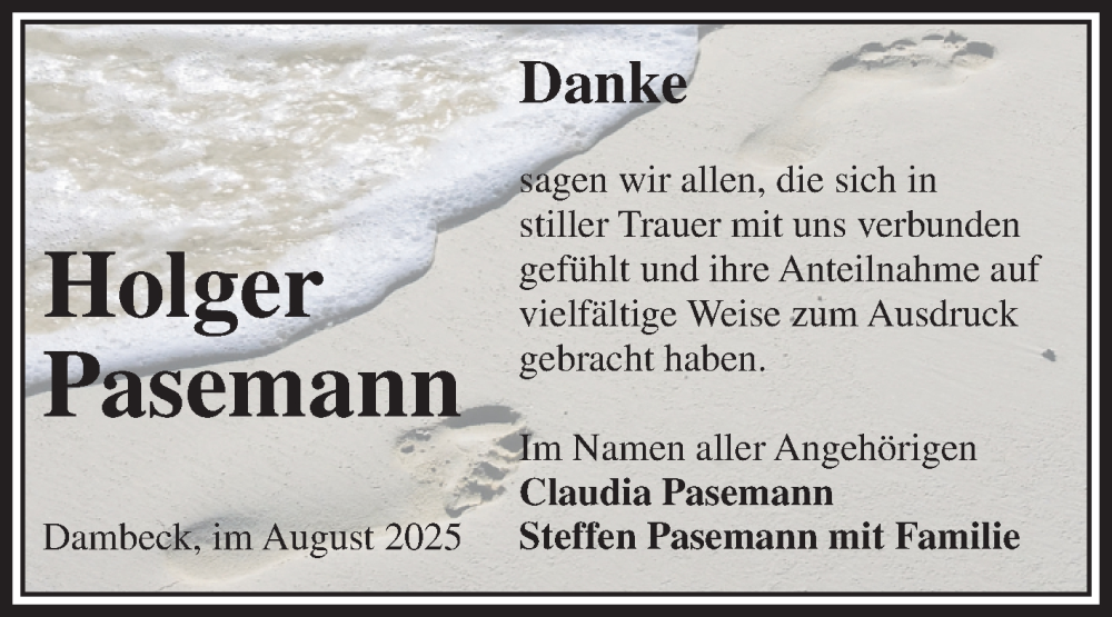  Traueranzeige für Holger Pasemann vom 13.09.2025 aus Volksstimme Altmark West
