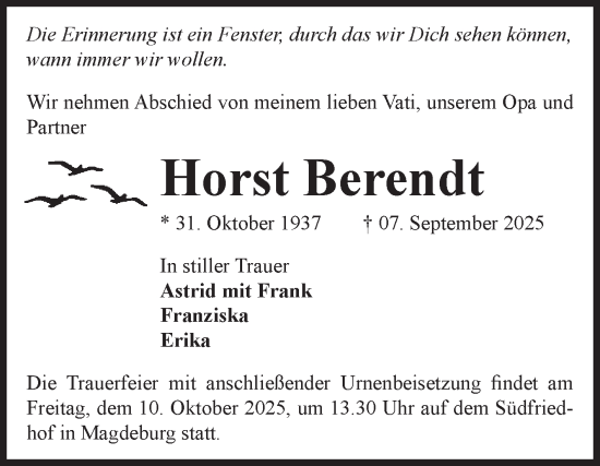 Traueranzeige von Horst Berendt von Volksstimme Magdeburg