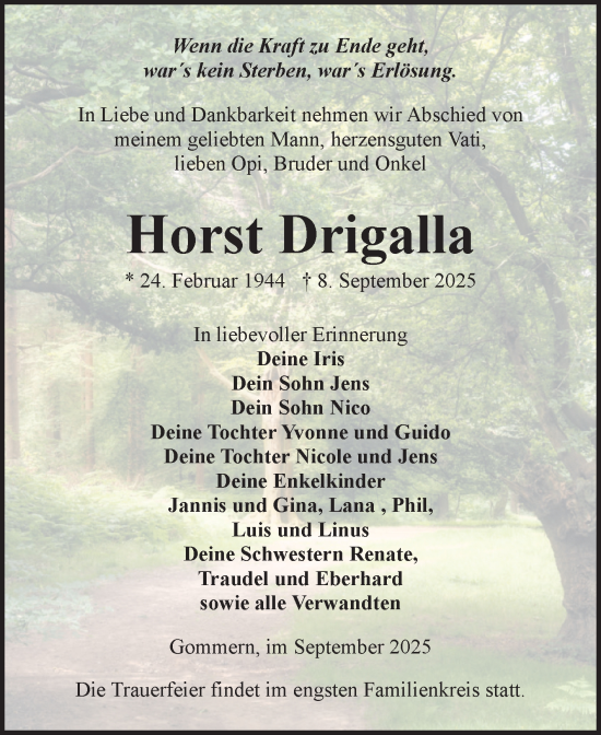 Traueranzeige von Horst Drigalla von Volksstimme Burg/Genthin