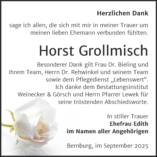 Traueranzeige von Horst Grollmisch von Trauerkombi Bernburg