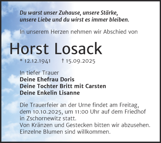 Traueranzeige von Horst Losack von Trauerkombi Wittenberg
