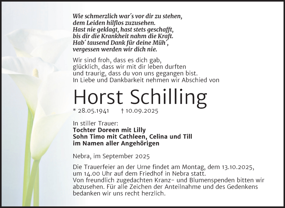  Traueranzeige für Horst Schilling vom 27.09.2025 aus Super Sonntag Naumburg/Nebra