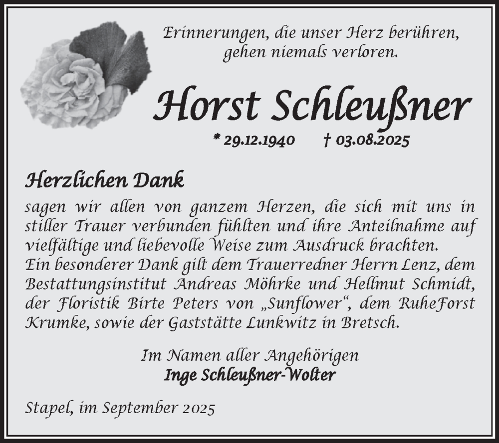  Traueranzeige für Horst Schleußner vom 20.09.2025 aus Volksstimme Altmark Ost