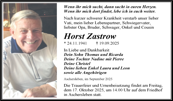 Traueranzeige von Horst Zastrow von Trauerkombi Aschersleben