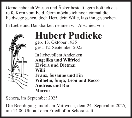 Traueranzeige von Hubert Pudicke von Volksstimme Zerbst