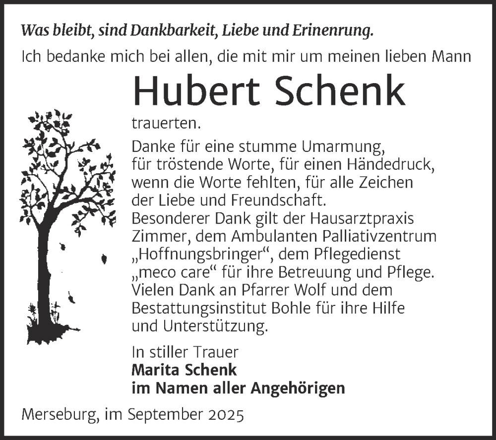  Traueranzeige für Hubert Schenk vom 13.09.2025 aus Trauerkombi Merseburg