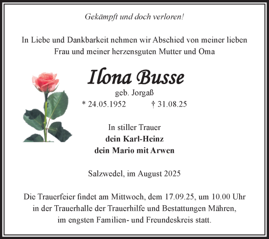 Traueranzeige von Ilona Busse von Volksstimme Altmark West