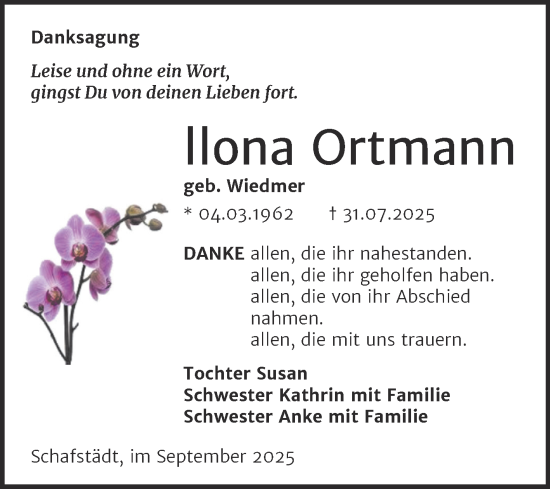 Traueranzeige von Ilona Ortmann von Trauerkombi Merseburg