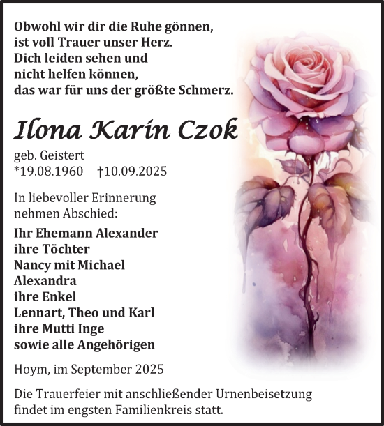 Traueranzeige von Ilona Karin Czok von Trauerkombi Aschersleben