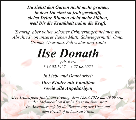 Traueranzeige von Ilse Donath von Trauerkombi Dessau