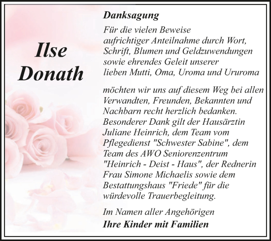 Traueranzeige von Ilse Donath von Trauerkombi Dessau