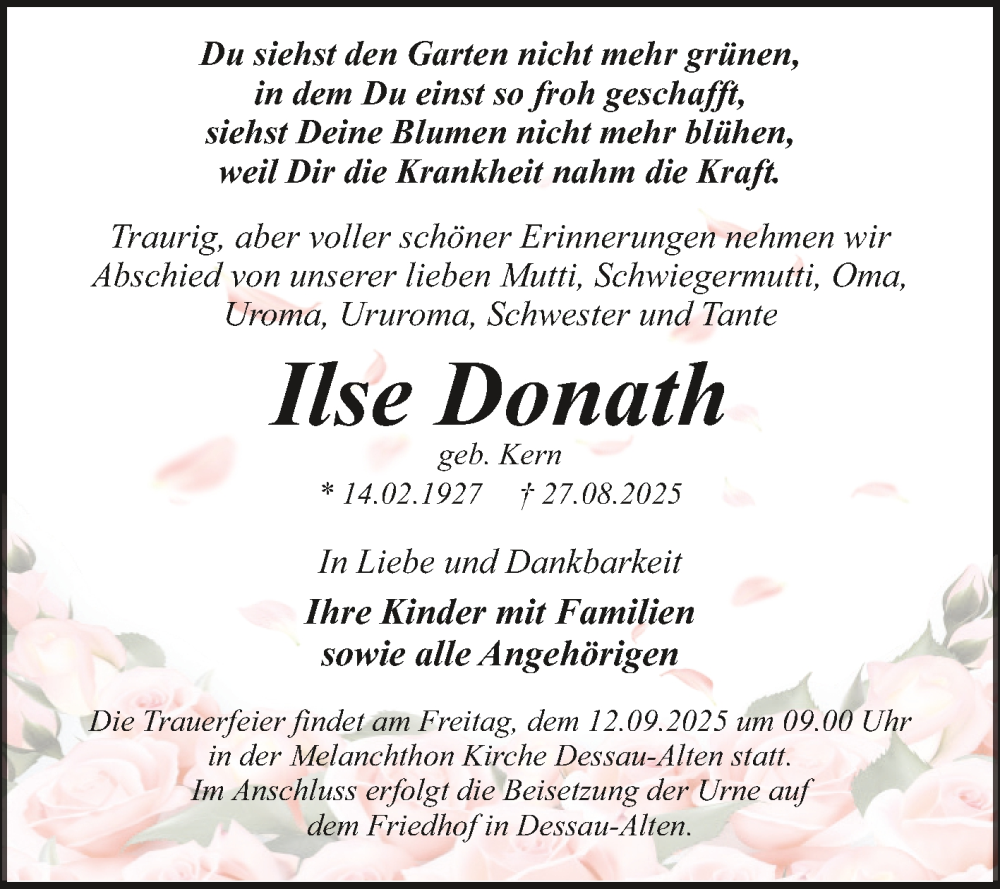  Traueranzeige für Ilse Donath vom 06.09.2025 aus Trauerkombi Dessau