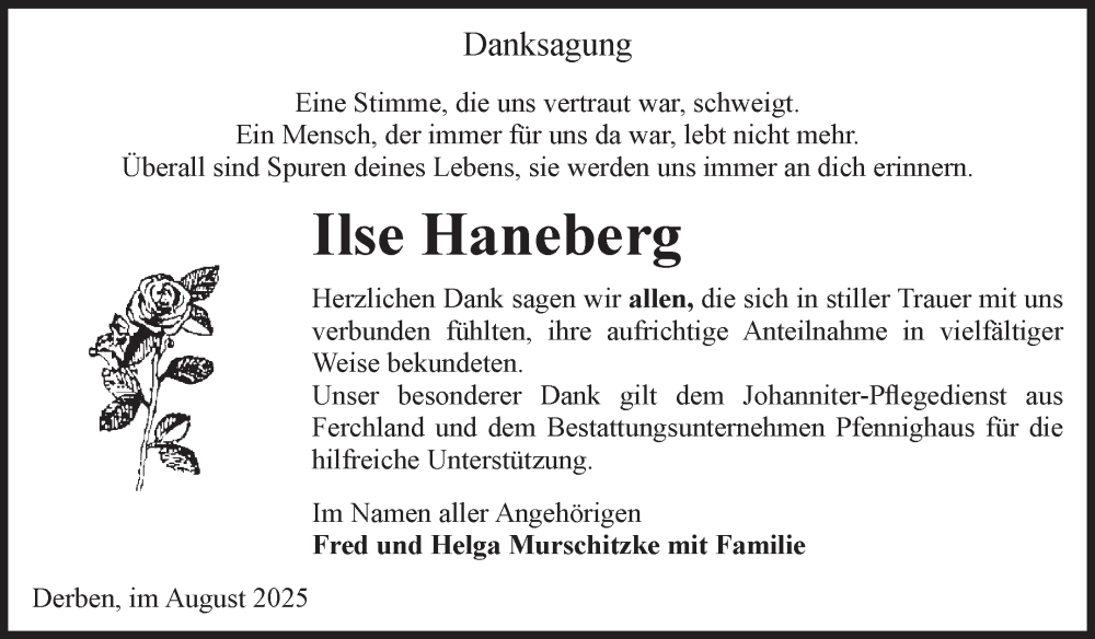  Traueranzeige für Ilse Haneberg vom 13.09.2025 aus Volksstimme Burg/Genthin