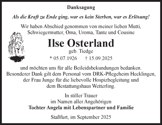 Traueranzeige von Ilse Osterland von Volksstimme Staßfurt