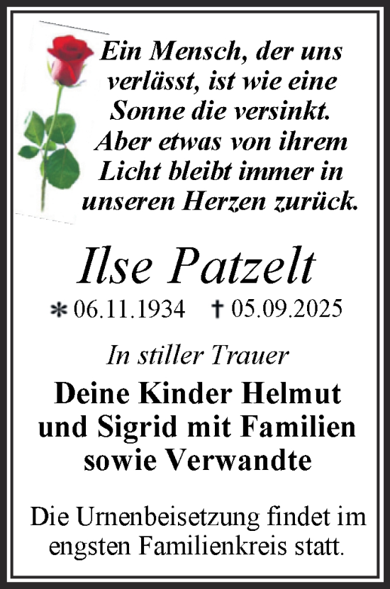 Traueranzeige von Ilse Patzelt von Trauerkombi Dessau